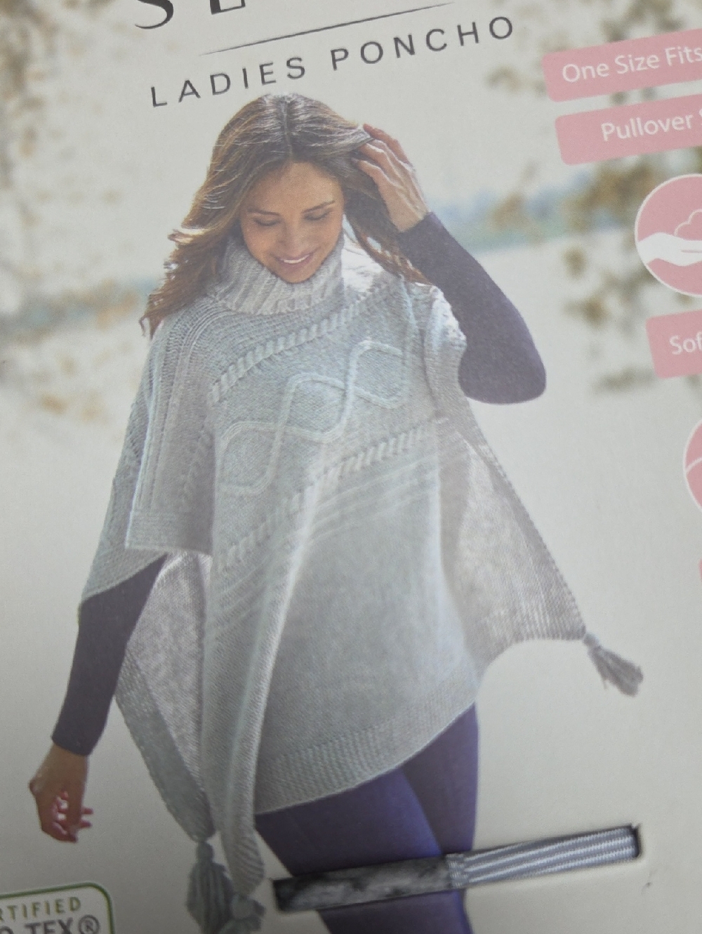 Serra Light Gray Cable-Knit Turtleneck Poncho with Tassels